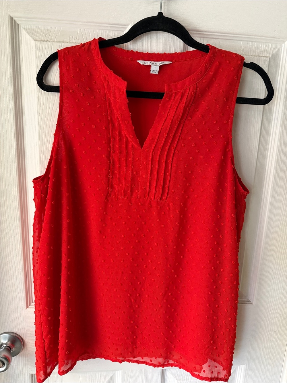 41 Hawthorn Red Sleeveless Swiss Dot Pintuck Split V-Neck Tank